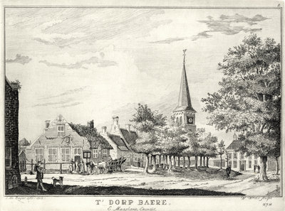 202449 Gezicht in het dorp Baarn met op de achtergrond de toren van de Nederlands Hervormde Pauluskerk.01-01-1740-31-12-1750